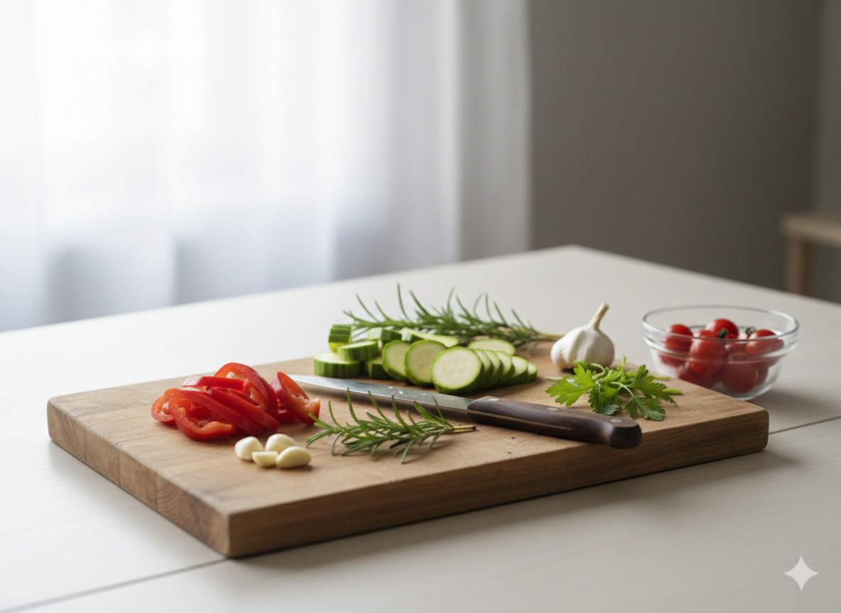 Puinen leikkuulauta, veitsi ja kasviksia valmisteltuna
