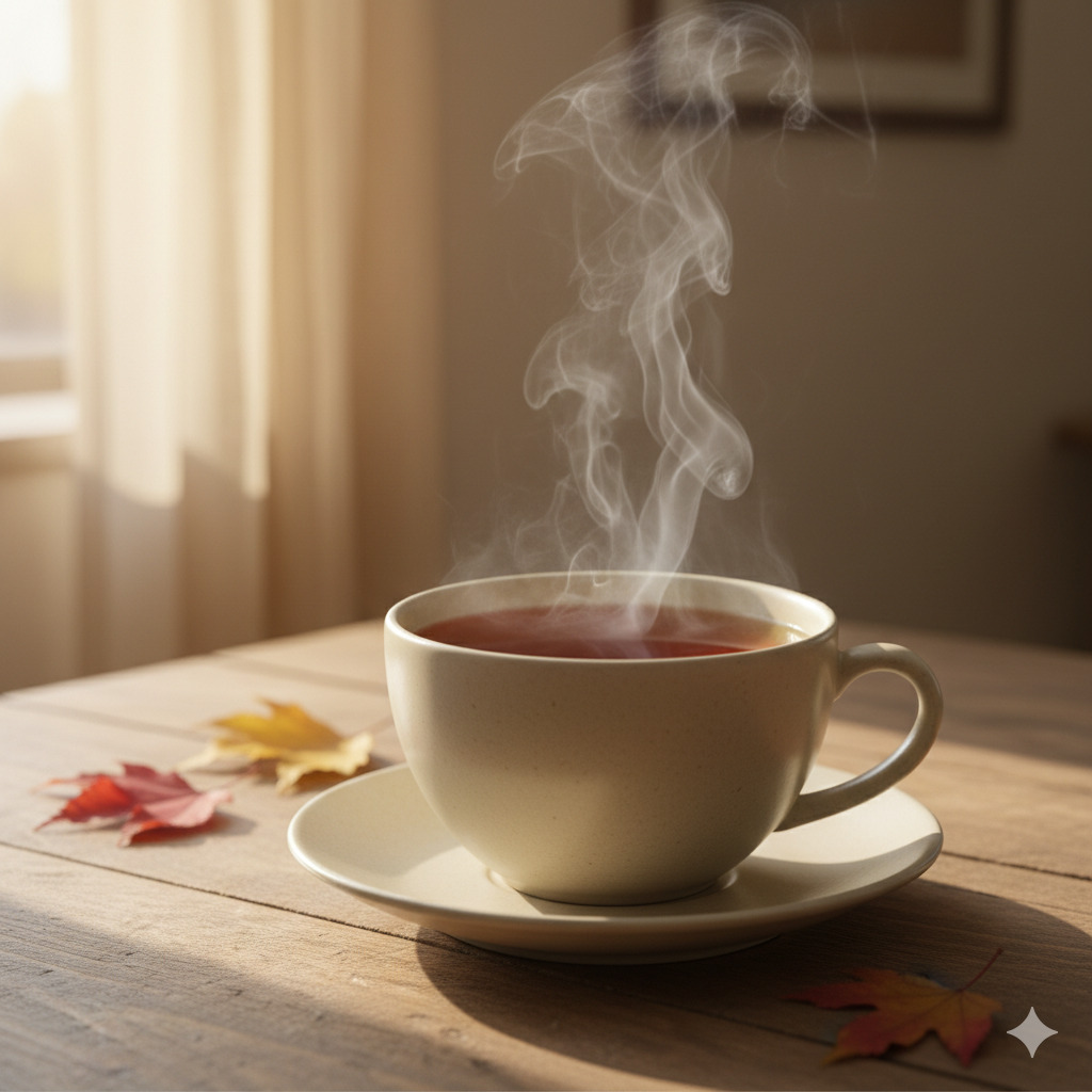 Lähikuva kuumasta teekupista höyryn kanssa pöydällä